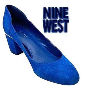 Nine West Adflined Women’s Blue Suede Pumps Size 8.5M Almond Toe Block Heel